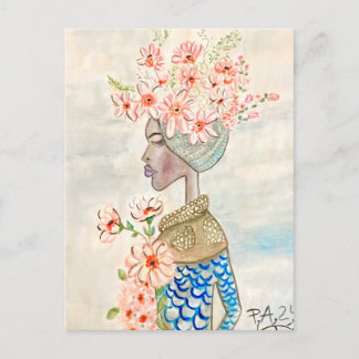 ilustración de chica de color con flores postkarte