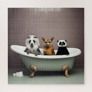 Im Badezimmer sitzen lustige Tiere in der Badewann