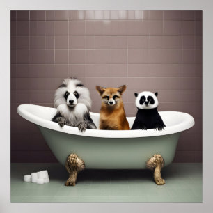 Im Badezimmer sitzen lustige Tiere in der Badewann Poster