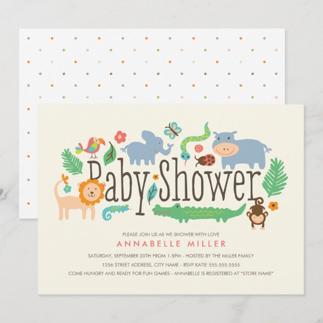 Im Dschungel Baby Dusche einladen Einladung (Vorne/Hinten)
