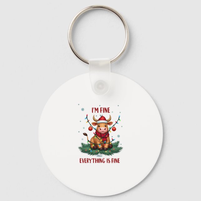 I'm Fine Everything is Fine Christmas Highland Cow Schlüsselanhänger (Vorderseite)