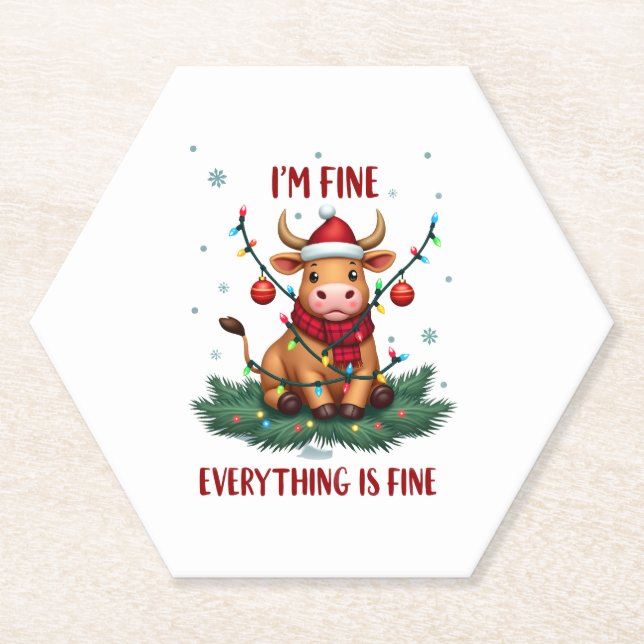 I'm Fine Everything is Fine Christmas Highland Cow Untersetzer (Vorderseite)