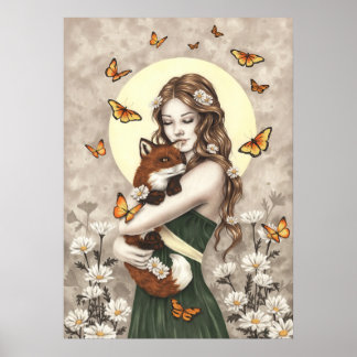 Im Garten Mädchen mit Fuchs und Schmetterlingen Poster