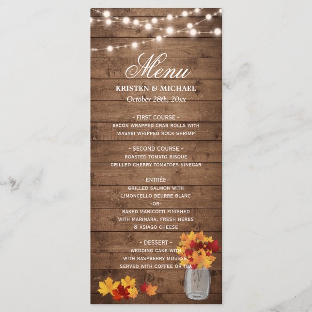 Im Herbst verlässt Mason Jar String Lights Hochzei Menükarte (Vorderseite)