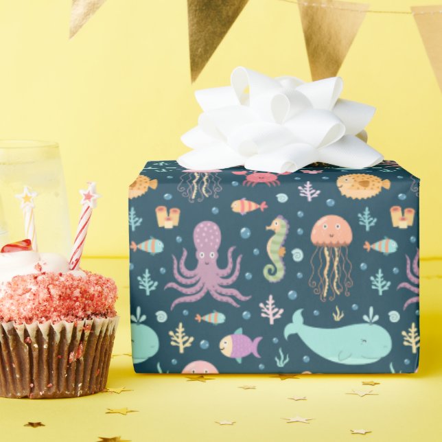 Im Meer schwimmende Meerestiere Geschenkpapier (Geburtstagsparty)