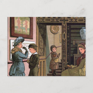 "Im Museum" Vintage-Illustration Postkarte