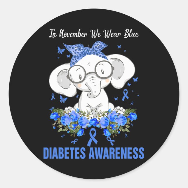 Im November tragen wir eine blaue Elefantendiabete Runder Aufkleber (Vorderseite)