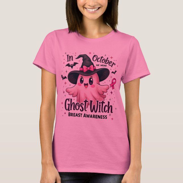 Im Oktober tragen wir rosa Geisterhexen Brustkrebs T-Shirt (Vorderseite)