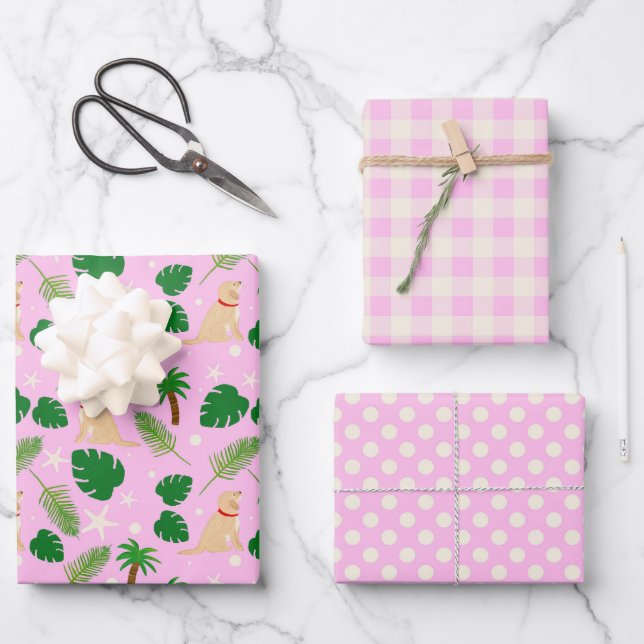 Im rosa tropischen Welpen Geschenkwrap Set von 3 Geschenkpapier Set (Vorderseite)
