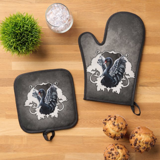 Im Schatten der Eleganz: Ein schwarzer Schwan. Ofenhandschuh & Topflappen-Set (Oben Unten)