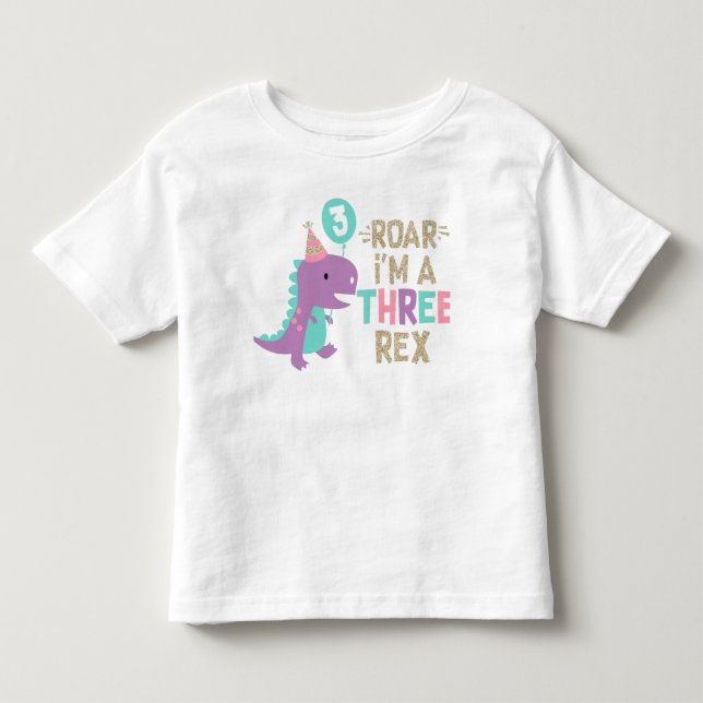 I'm Three Rex Girl Pink Dinosaur Faux Glitter Kleinkind T-shirt (Vorderseite)