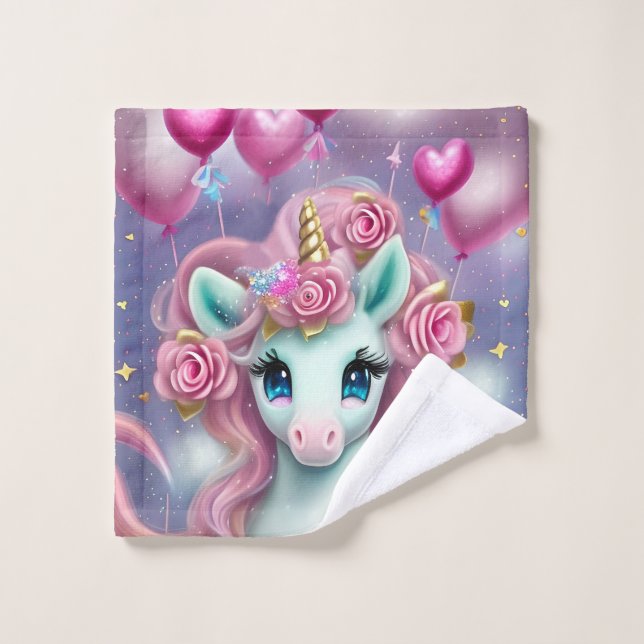 Imaginaire Bébé blanc licorne avec Coeurs roses (Gant de toilette)