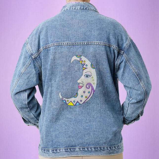 Imaginaire Lune Décorations Colorées Avec Étoiles  (Fantasy white crescent moon with pretty face with purple, blue and yellow accents on denim jacket.)
