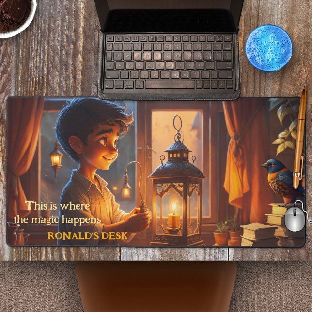Imaginaire magique de l'Assistant Garçon (An artistic desk mat featuring a fantasy world with a boy wizard inventing the magic of light.)