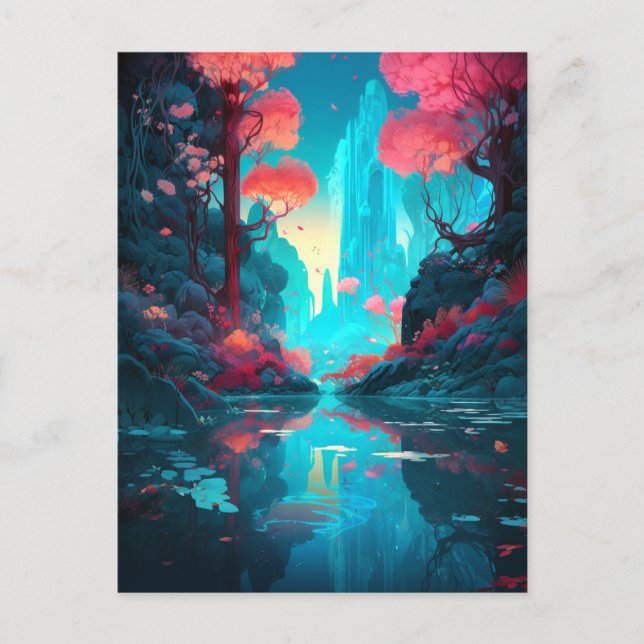 Imaginaire Paysage Forêt bleu rose Carte postale (Devant)