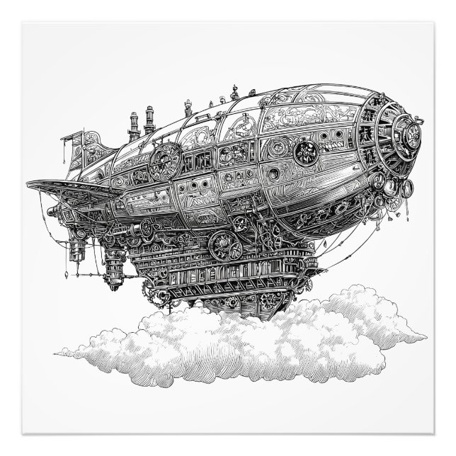 Imaginäre Schwarz-weiße Floating City Airship Fotodruck (Vorne)
