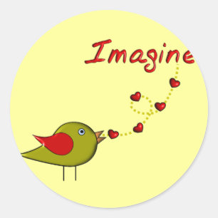 "Imagine" Bird and Hearts Design Runder Aufkleber