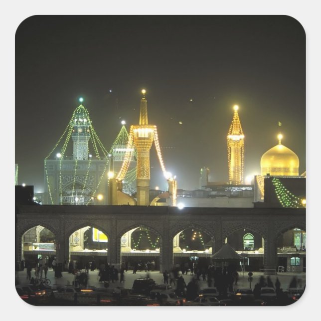 Imam Reza Shrine Complex nachts, Mashhad, Quadratischer Aufkleber (Vorderseite)