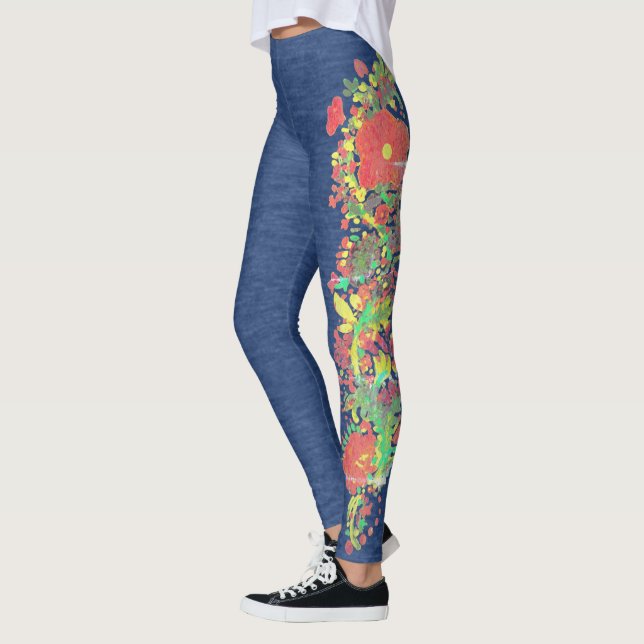 Imitat-Denim mit Blumenplatten-Entwurf Leggings (Links)