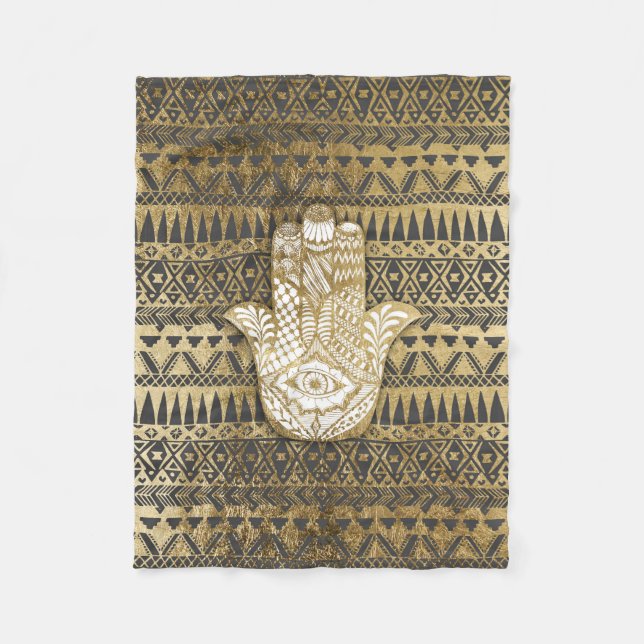 Imitat-Druck-GoldHamsa Hand und Stammes- Azteke Fleecedecke (Vorderseite)