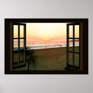 Imitat-Fenster mit Strand-Sonnenuntergang-Ozean Poster