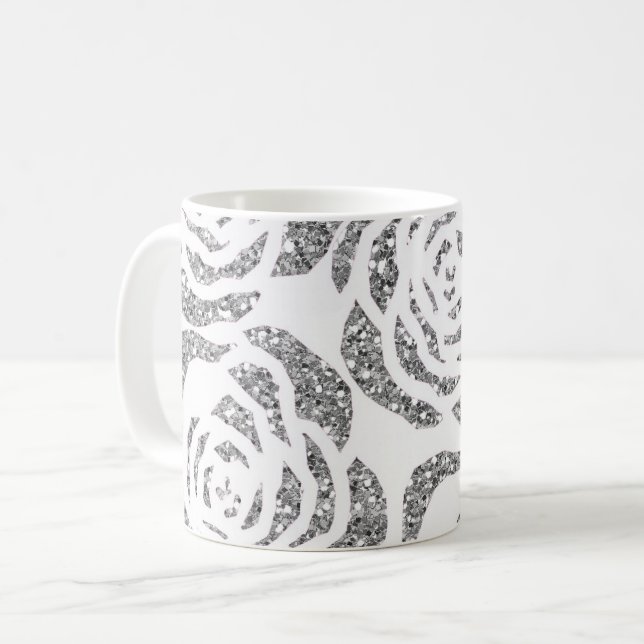 Imitat-Glitzer-silbernes Grau-Rosen-weißer Kaffeetasse (Vorderseite Links)