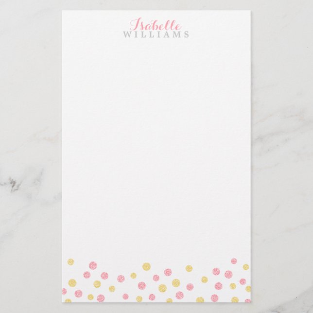 Imitat-Gold und rosa Glitzerconfetti-Punkte Briefpapier (Vorderseite)