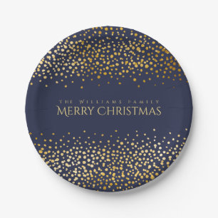 Imitat-Goldconfetti-frohe Weihnacht-Monogramm-Blau Pappteller