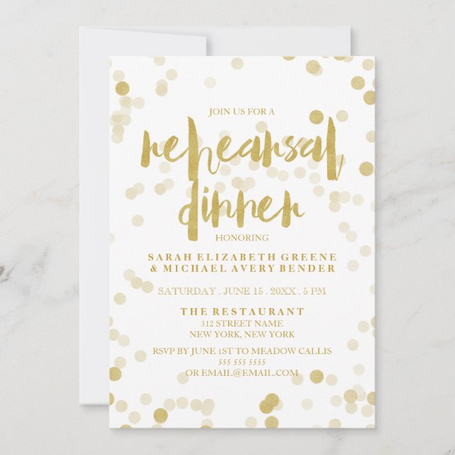 Imitat-Goldfolieconfetti-Proben-Abendessen laden Einladung (Vorderseite)
