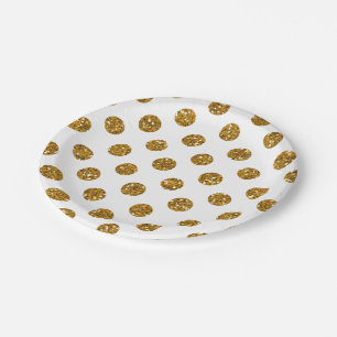 Imitat-GoldGlitzer-Polka-Punkt-Muster auf Weiß Pappteller