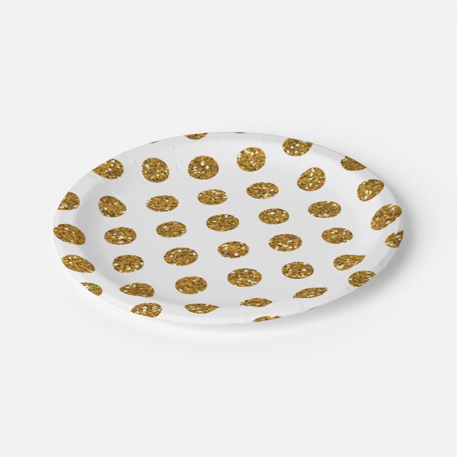 Imitat-GoldGlitzer-Polka-Punkt-Muster auf Weiß Pappteller (Schrägansicht)