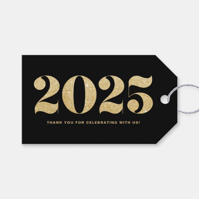 Imitat-GoldGlitzer-Typografie-glückliches neues Geschenkanhänger (Vorderseite (Horizontal))