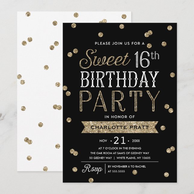 Imitat-GoldGlitzerconfetti-Party des Bonbon-16 Einladung (Vorne/Hinten)