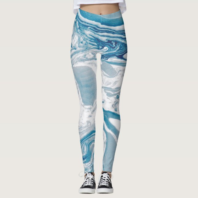 Imitat in Weiß und Blau Marmor Moderne Leggings (Vorderseite)