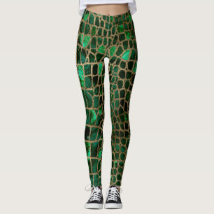 Imitat Krokodile Textur Malachit und Gold Leggings