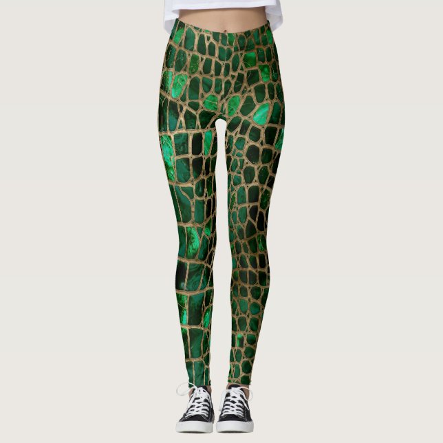 Imitat Krokodile Textur Malachit und Gold Leggings (Vorderseite)