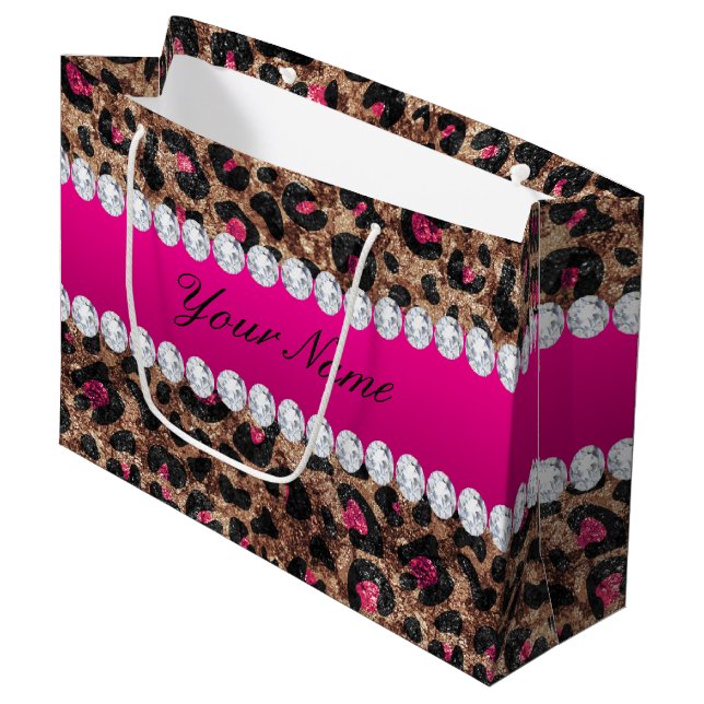 Imitat-Leopard-heißes Rosa-Rosen-Goldfolie und Große Geschenktüte (Vorderseite Schrägansicht)