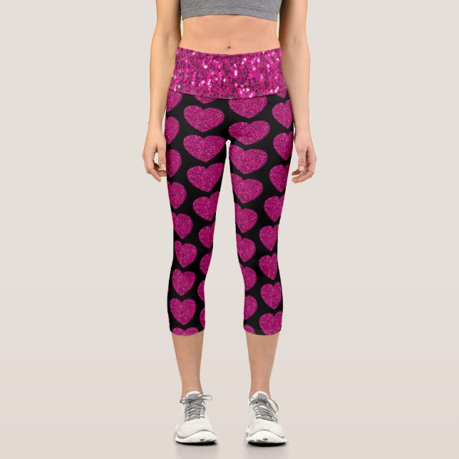 Imitat mit rosa Herzklopfen Glitzer Glitzern schwa Capri Leggings (Vorderseite)