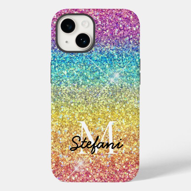 Imitat Ombre Rainbow Glitzer Monogram Case-Mate iPhone 14 Hülle (Rückseite)