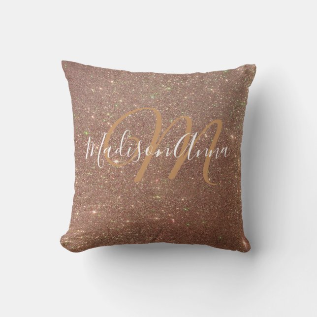 Imitat Rose Gold Glitzer 3 mit Monogramm und Name Kissen (Vorderseite)