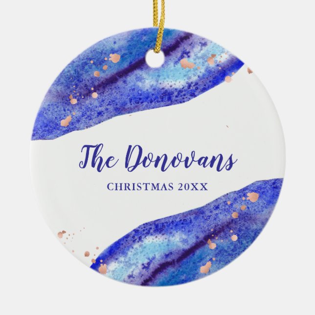 Imitat-Rosen-Gold und Watercolor blaues Geode | Keramikornament (Vorne)