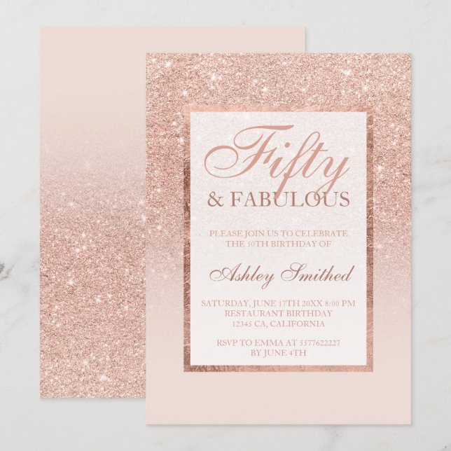 Imitat-RosengoldGlitter eleganter Chic 50 Einladung (Vorne/Hinten)