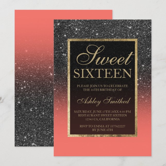 Imitat schwärzt Glittergoldeleganten korallenroten Einladung (Vorne/Hinten)