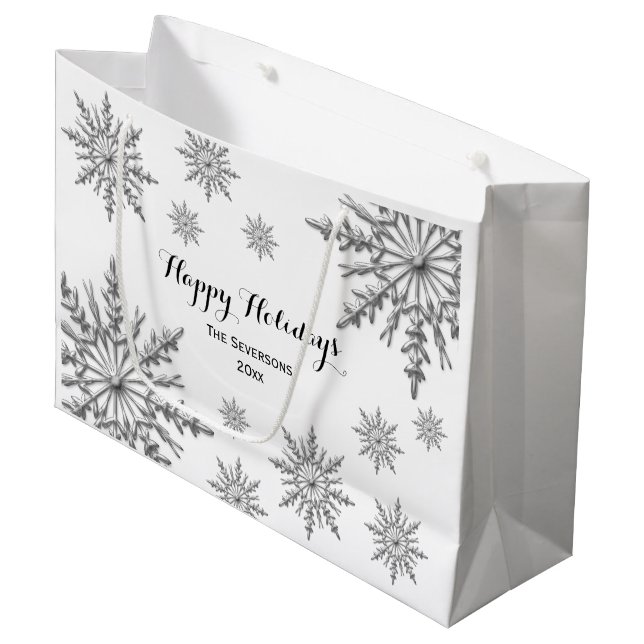 Imitat-silberne Winter-Schneeflocke-glückliche Große Geschenktüte (Vorderseite Schrägansicht)