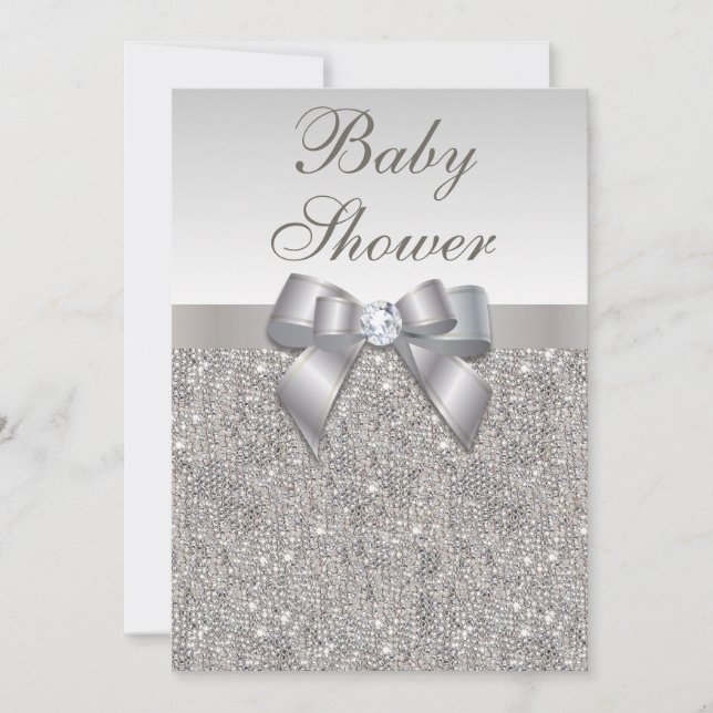 Imitat Silver Sequins und Bow Neutral Baby Dusche Einladung (Vorderseite)