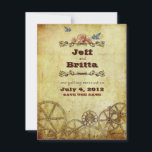 Imitate Antique Gold Viktorianisch Steampunk Hochz Save The Date<br><div class="desc">Eine elegante Viktorianische Steampunk-Hochzeitssuite mit einer Mischung aus industriellen Elementen und Vintagen Illustrationen von Vögeln und Rose. Auf der Rückseite ist ein Herz aus rostigen Gängen. Die Imitate mit antiken Gold- und samtigen Maroon-Hintergrundfarben verleihen der Touch eine alte Welt.</div>