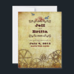 Imitate Antique Gold Viktorianisch Steampunk Hochz Save The Date<br><div class="desc">Eine elegante Viktorianische Steampunk-Hochzeitssuite mit einer Mischung aus industriellen Elementen und Vintagen Illustrationen von Vögeln und Rose. Auf der Rückseite ist ein Herz aus rostigen Gängen. Die Imitate mit antiken Gold- und samtigen Maroon-Hintergrundfarben verleihen der Touch eine alte Welt.</div>