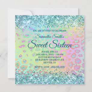 Imitate Aqua Blue Glitzer Regenbogen Leopard Gradi Einladung