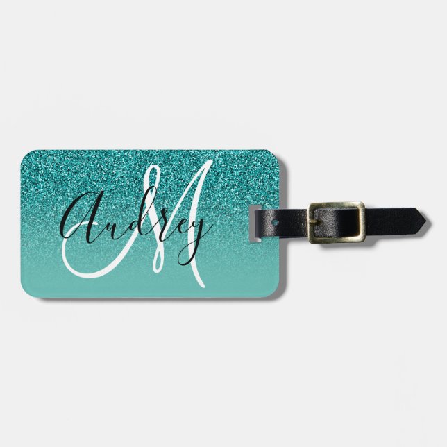 Imitate Aquamarin Glitzer Ombre Personalisiert Mon Gepäckanhänger (Vorderseite horizontal)