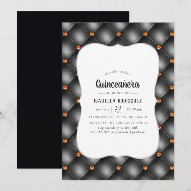 Imitate aus Schwarz und Orange Gem Leather Quincea Einladung (Vorne/Hinten)